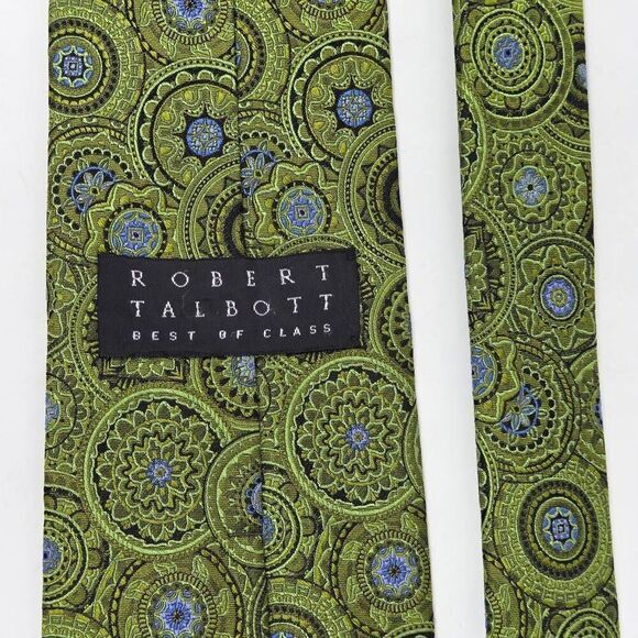 ROBERT TALBOTT BEST OF CLASS SILK TIE GREEN BLACK AZTEC CIRCLE SATIN 4" X 59" - Picture 3 of 3